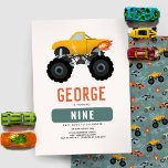 Invitación Boys Guay Truck Kids Cumpleaños<br><div class="desc">Este moderno y fresco diseño de invitación a los niños de 9º cumpleaños incluye un camión con llamas calientes, con un patrón a juego de autos de carreras azules, ruedas y motos en la parte trasera. La tarjeta se puede personalizar con un nombre y otros detalles necesarios para tu fiesta...</div>