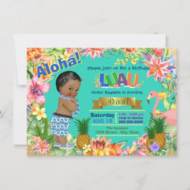 Invitación Boys Luau Birthday Party African American Luau (Anverso)