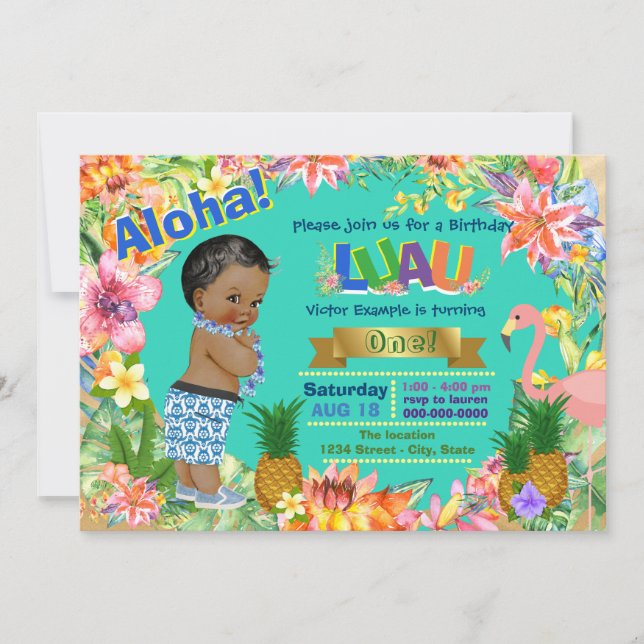Invitación Boys Luau Birthday Party African American Luau (Anverso)