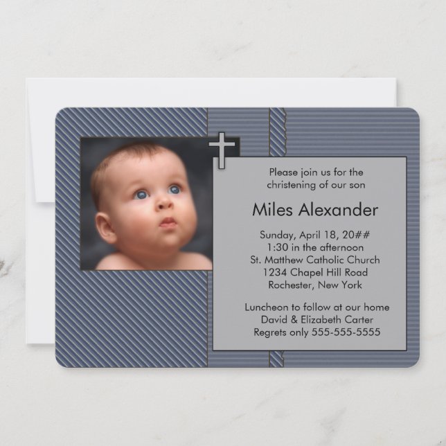 Invitación Boys Navy Blue and Grey Photo Christening (Anverso)