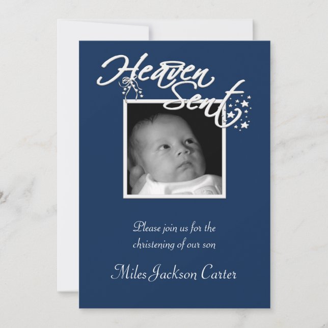 Invitación Boys Navy Blue Photo Christening (Anverso)
