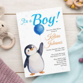 Invitación Boy's Penguin Blue Baloon Watercolor Baby Shower 