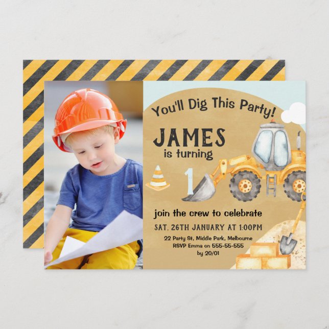 Invitación Boys Photo Construction Excavator Primer cumpleaño (Anverso / Reverso)