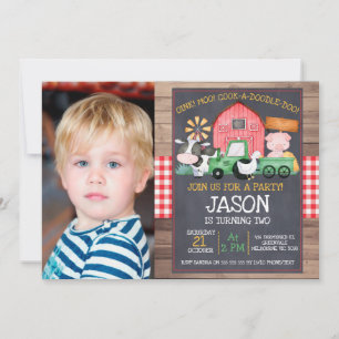 Invitación Boys Photo Farm Green Tractor Chalkboard Cumpleaño