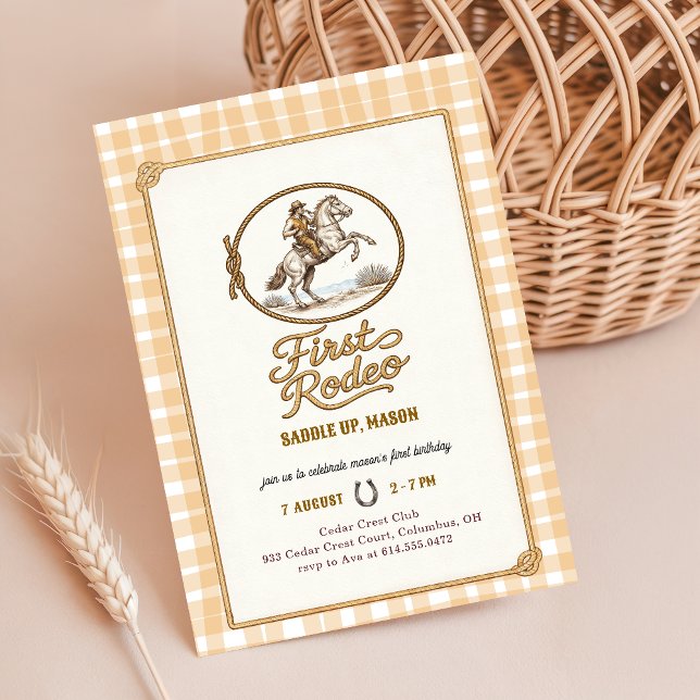 Invitación Boys Plaid Gingham Cowboy First Rodeo 1st Birthday (Subido por el creador)