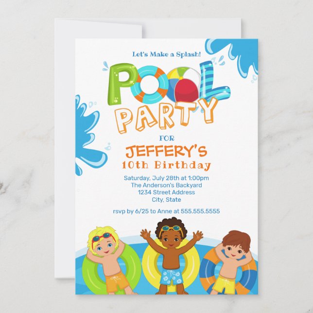 Invitación Boys Pool Fiesta 10 cumpleaños (Anverso)
