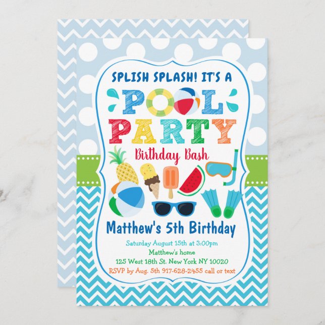 Invitación Boys Pool Fiesta Ice Cream Cumpleaños (Anverso / Reverso)