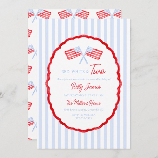 Invitación Boys Preppy Blancos Rojos y Dos Cumpleaños Patriót (Anverso / Reverso)