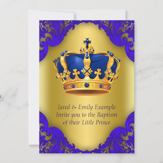 Invitación Boys Prince Baptism Royal Blue and Gold (Anverso)
