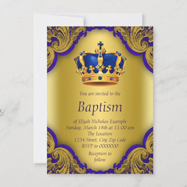 Invitación Boys Prince Baptism Royal Blue and Gold Crown (Reverso)