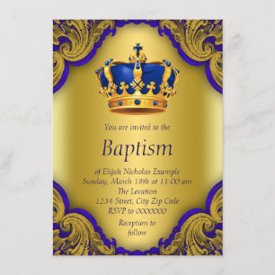 Invitación Boys Prince Baptism Royal Blue and Gold Crown