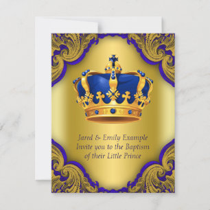 Invitación Boys Prince Baptism Royal Blue and Gold Crown