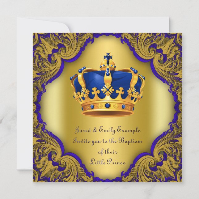 Invitación Boys Prince Baptism Royal Blue and Gold Crown (Anverso)