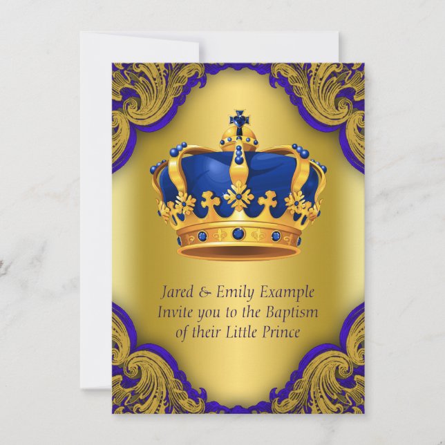 Invitación Boys Prince Baptism Royal Blue and Gold Crown (Anverso)