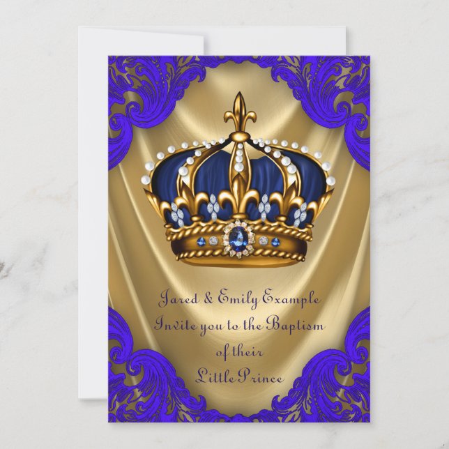 Invitación Boys Prince Baptism Royal Blue and Gold Satin (Anverso)