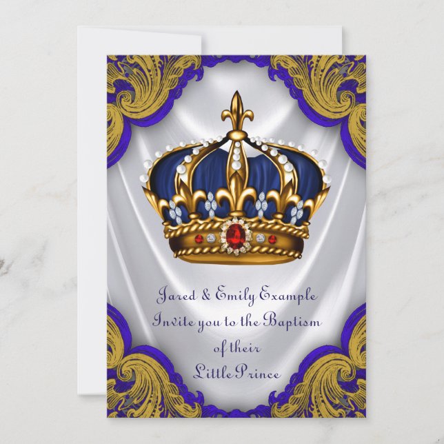 Invitación Boys Prince Baptism Royal Blue Gold Ruby Crown (Anverso)