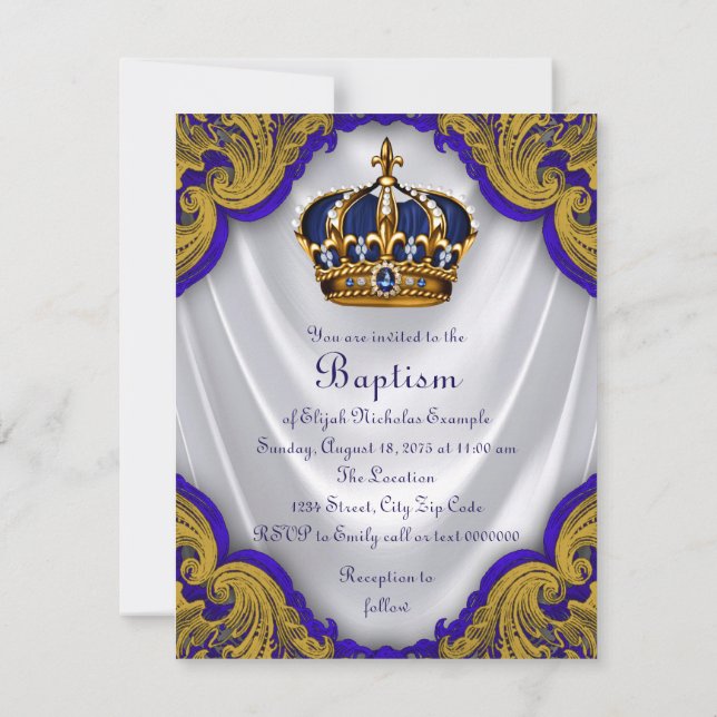 Invitación Boys Prince Baptism Royal Blue Gold Swirl Satin (Reverso)