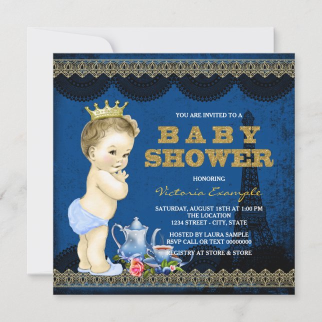 Invitación Boys Prince Paris Tea Fiesta Baby Shower Royal Blu (Anverso)