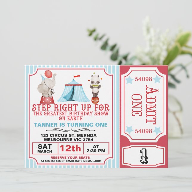 Invitación Boys Red Blue Greatest Show Circus Ticket Cumpleañ (Anverso de pie)