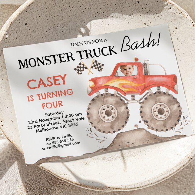 Invitación Boys Red Monster Truck Bash Cumpleaños (Monster Truck Bash Birthday Invitation Boy, Red Monster Truck Birthday Invitation Any Age, Photo)