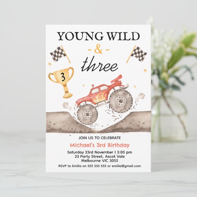 Invitación Boys Red Monster Truck Young Wild Three Birthday (Anverso de pie)
