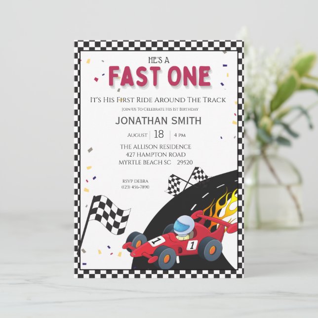 Invitación Boys Red Race Car 1er cumpleaños fiesta de invitac (Anverso de pie)