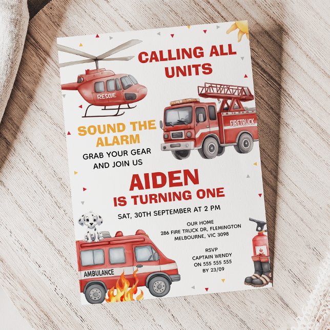 Invitación Boys Red Rescue Calling All Units Birthday (Calling All Units Invitation, Fire Truck Birthday Invitation, Emergency Squad Invitation, Alarm)