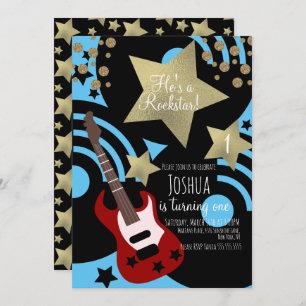 Invitación Boys Rockstar Guitar Faux Gold Star Rock Fiesta