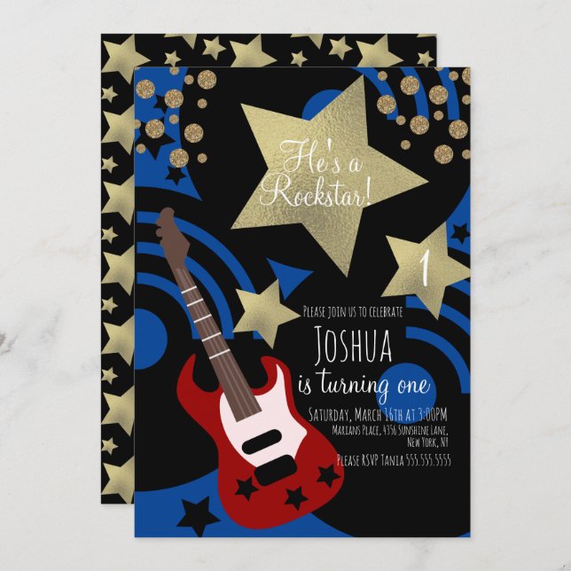 Invitación Boys Rockstar Guitar Faux Gold Star Rock Fiesta (Anverso / Reverso)