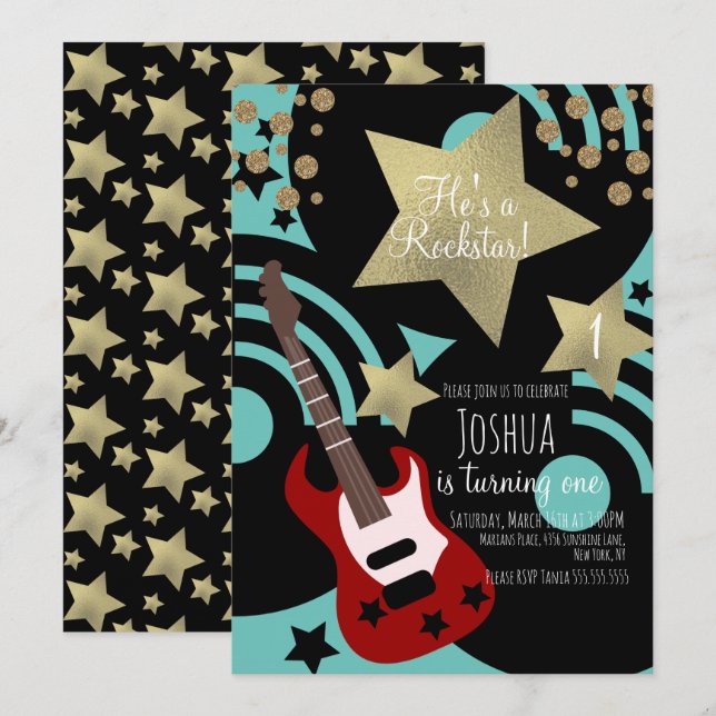 Invitación Boys Rockstar Guitar Faux Gold Star Rock Fiesta (Anverso / Reverso)
