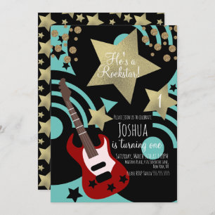 Invitación Boys Rockstar Guitar Faux Gold Star Rock Fiesta