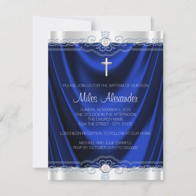 Invitación Boys Royal Blue Baptism Christening (Anverso)