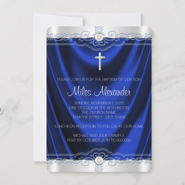 Invitación Boys Royal Blue Baptism Christening (Anverso)