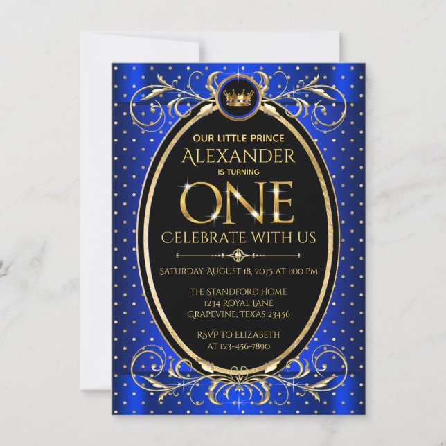 Invitación Boys Royal Blue Gold Prince Primer Fiesta de cumpl (Anverso)