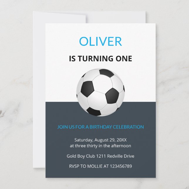 Invitación Boys Simple Blue Soccer Kids First Birthday (Anverso)