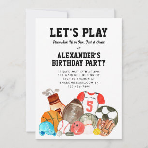 Invitación Boys Sports Balls Athletic All Star Kids Cumpleaño