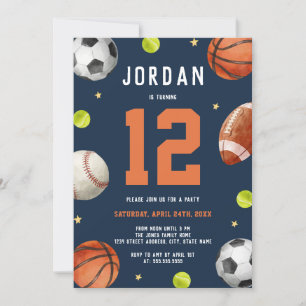 Invitación Boys Sports Tema Navy Naranja Fiesta de cumpleaños