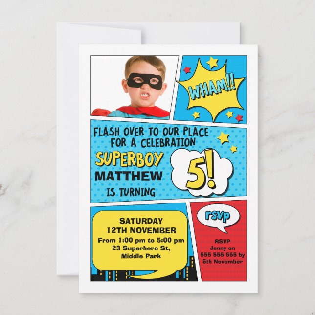 Invitación Boys Superhéroe Photo 5th Birthday Invitation (Anverso)