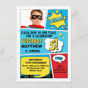 Invitación Boys Superhéroe Photo 5th Birthday Invitation