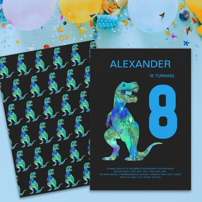 Invitación Boys T-Rex Dino 8fiesta de cumpleaños (T-Rex dino boys 8th birthday party invitation colorful dinosaur blue modern  )