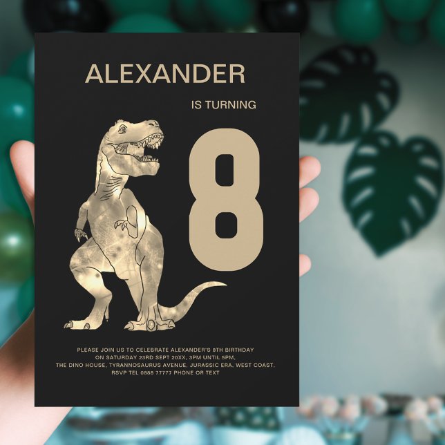 Invitación Boys T-Rex Dinosaur 8ª Fiesta de Cumpleaños (Dinosaur T-Rex boys 8th birthday party invitation bold simple black and brown design)