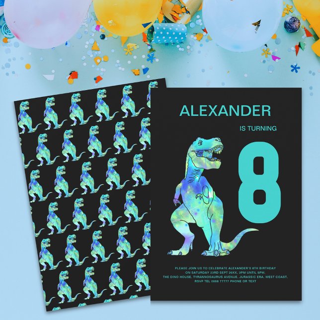 Invitación Boys T-Rex Dinosaur 8fiesta de cumpleaños Azul (Dino t-Rex boys 8th birthday party invitation colorful watercolor dinosaur teal green typography)