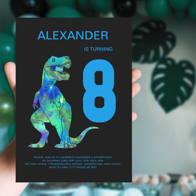 Invitación Boys T-Rex Dinosaur 8fiesta de cumpleaños Azul (T-Rex dino boys 8th birthday party invitation with colorful watercolor dinosaur blue typography )