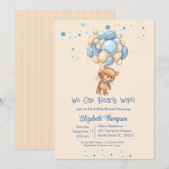 Invitación Boys Teddy Bear Globos Bearly Wait Baby Shower (Anverso / Reverso)