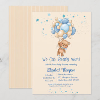 Invitación Boys Teddy Bear Globos Bearly Wait Baby Shower