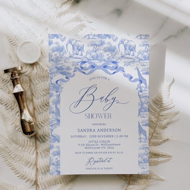 Invitación Boys Toile De Jouy Blue Baby Shower Invitation (Safari Baby Shower Invitation BLUE, Toile Shower Invite,Toile De Jouy Blue Baby Shower Invitation)