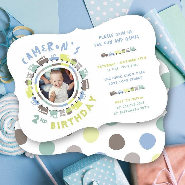 Invitación Boys Toys Fun Transport Foto Fiesta del segundo cu (Boys Toys Pastel Blue Fun Transport Photo Kid's 2nd Birthday Party Invitation @ fatfatin_mini_me)