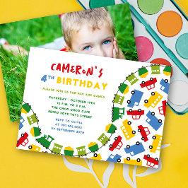 Invitación Boys Toys Fun Transport Photo 4th Birthday Fiesta