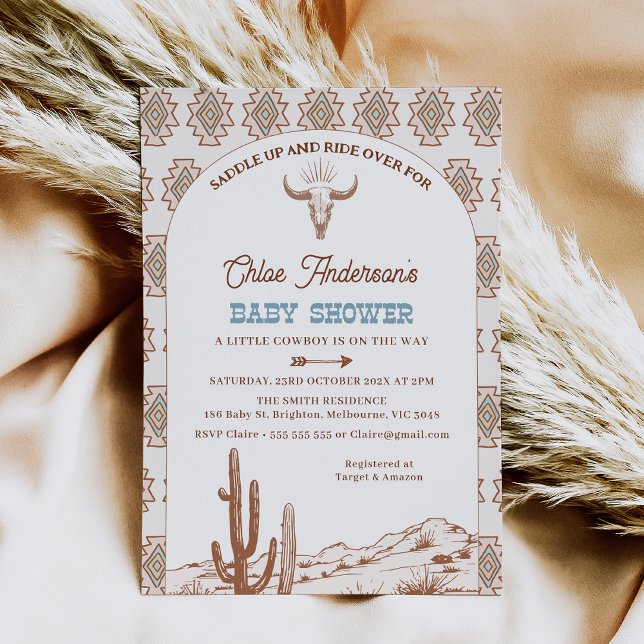 Invitación Boys Tribal Boho Arch Rodeo Baby Shower Occidental (Boys Rodeo Baby Shower Invitation, Cowboy Baby Shower Invitation, Western Wild West Tribal Pattern)