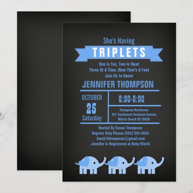 Invitación Boys Triplet Elephant Baby Shower Chalkboard (Anverso / Reverso)